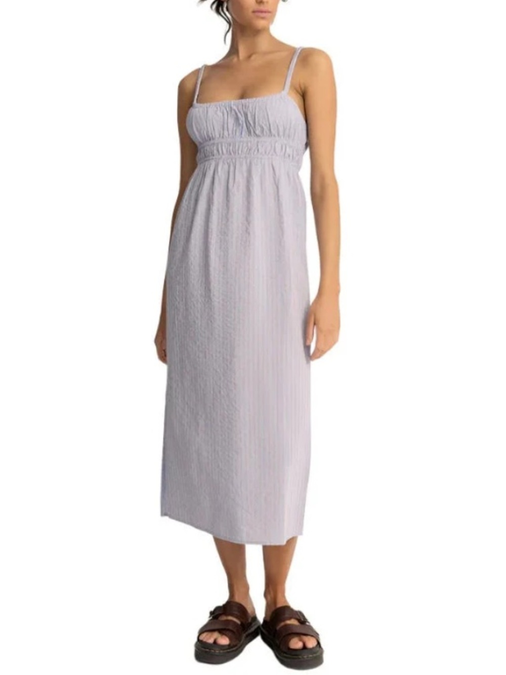 NWT Rhythm Paradiso Babydoll Striped Midi Dress, Soft Blue & Peach – Size Large